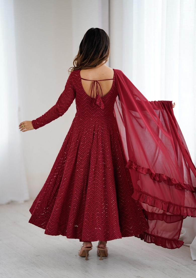 Maroon Sequins Georgette Anarkali Set - Indya
