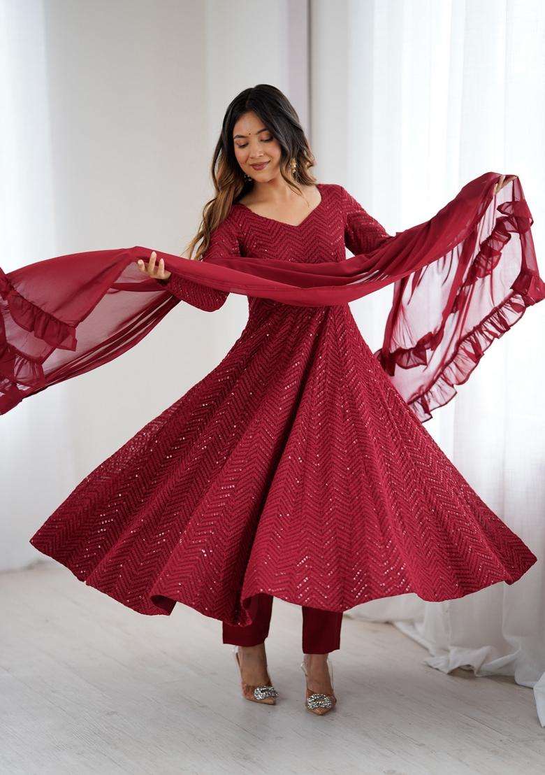 Maroon Embroidered Georgette Anarkali Set - Indya