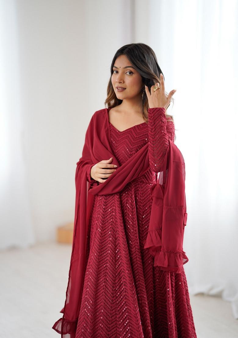 Maroon Sequins Georgette Anarkali Set - Indya