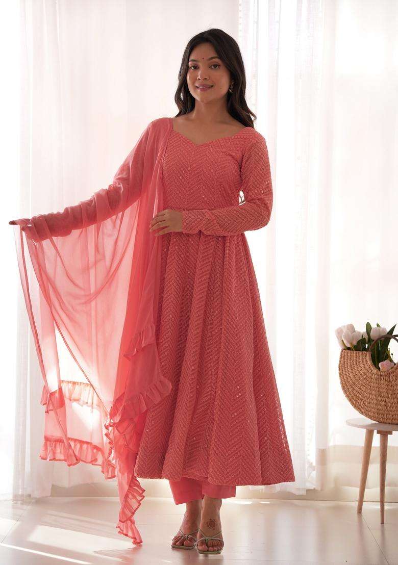 Peach Chikankari Georgette Anarkali Set - Indya