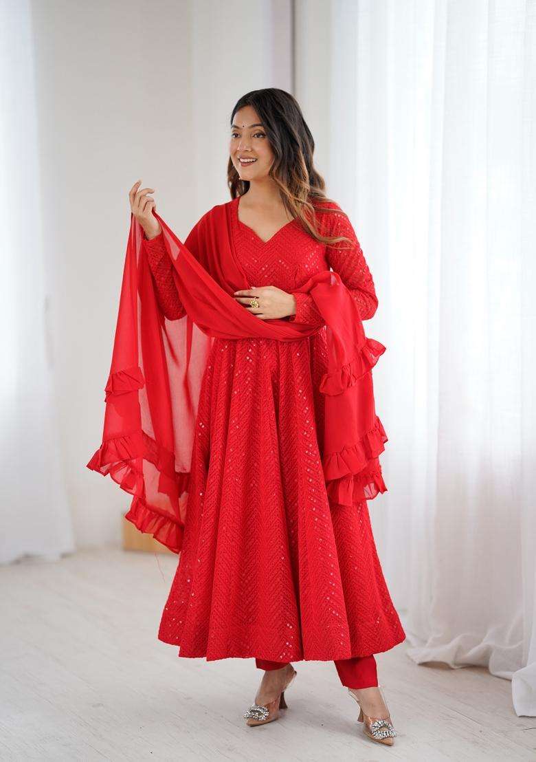Red Sequin Work Georgette Anarkali Set - Indya