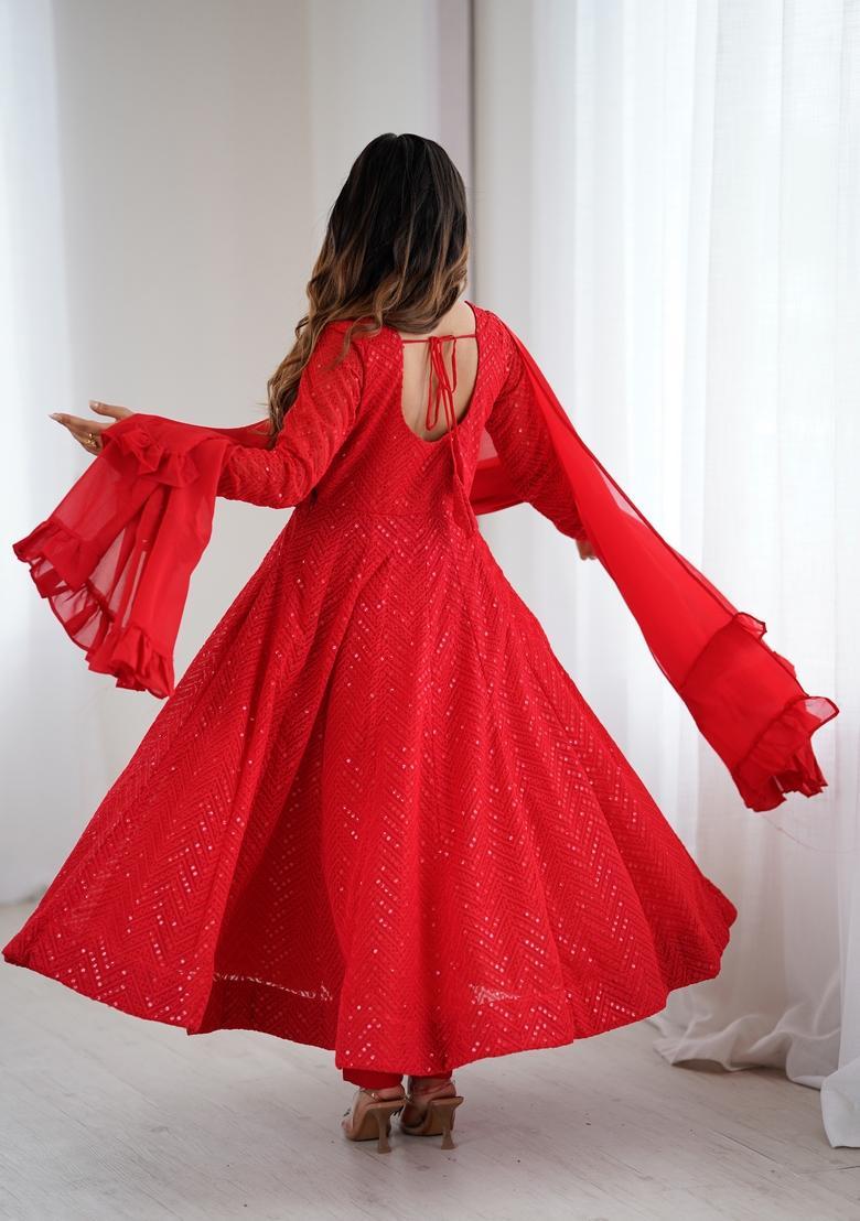 Red Sequins Georgette Anarkali Set - Indya