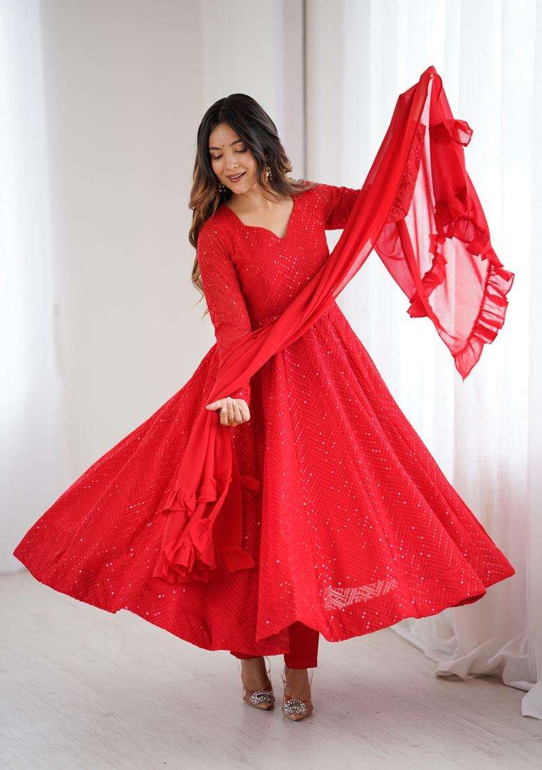 Red Sequin Work Georgette Anarkali Set - Indya