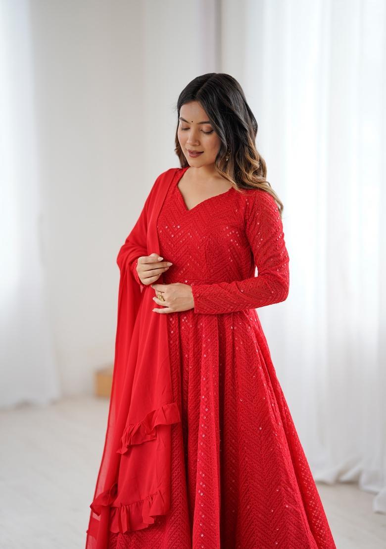 Red Sequins Georgette Anarkali Set - Indya