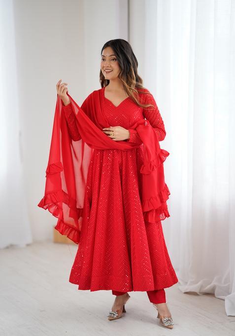 Red Sequins Georgette Anarkali Set