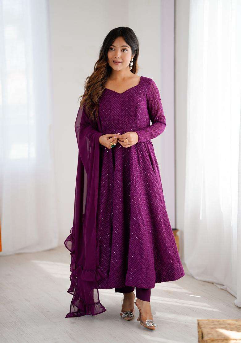 Wine Sequin Work Georgette Anarkali Set - Indya