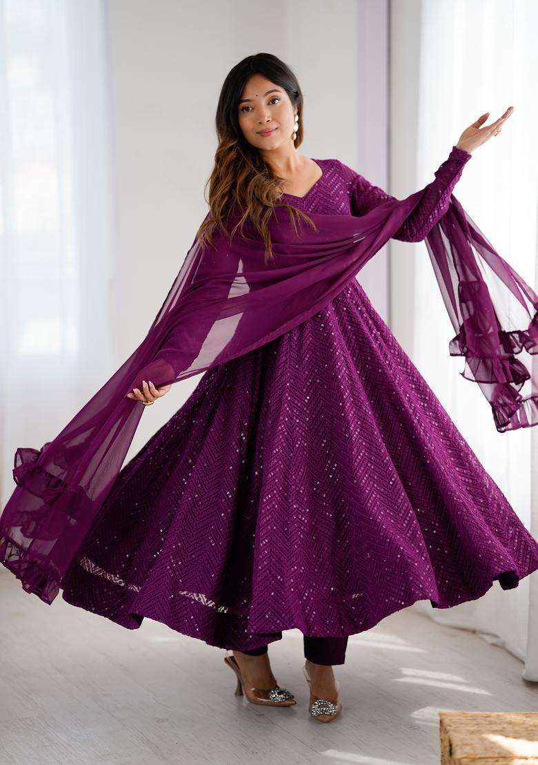 Wine Sequin Work Georgette Anarkali Set - Indya