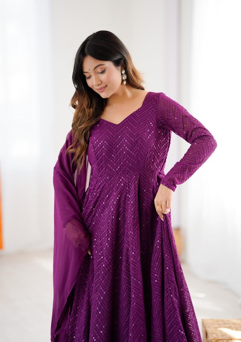 Wine Sequins Georgette Anarkali Set - Indya