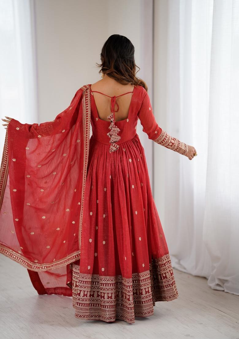 Rust Orange Embroidery Silk Anarkali Set - Indya