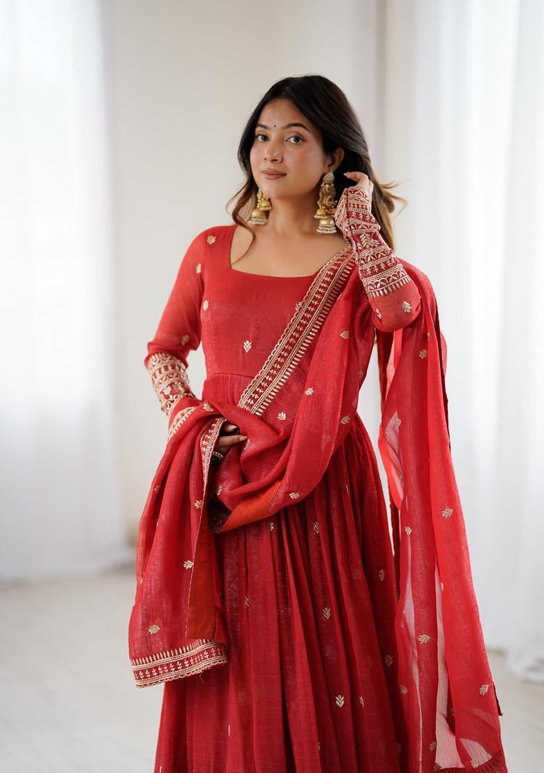 Rust Orange Embroidery Silk Anarkali Set - Indya