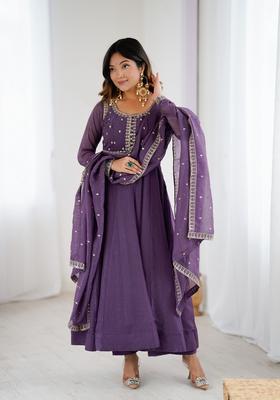 Purple Embroidery Silk Anarkali Set