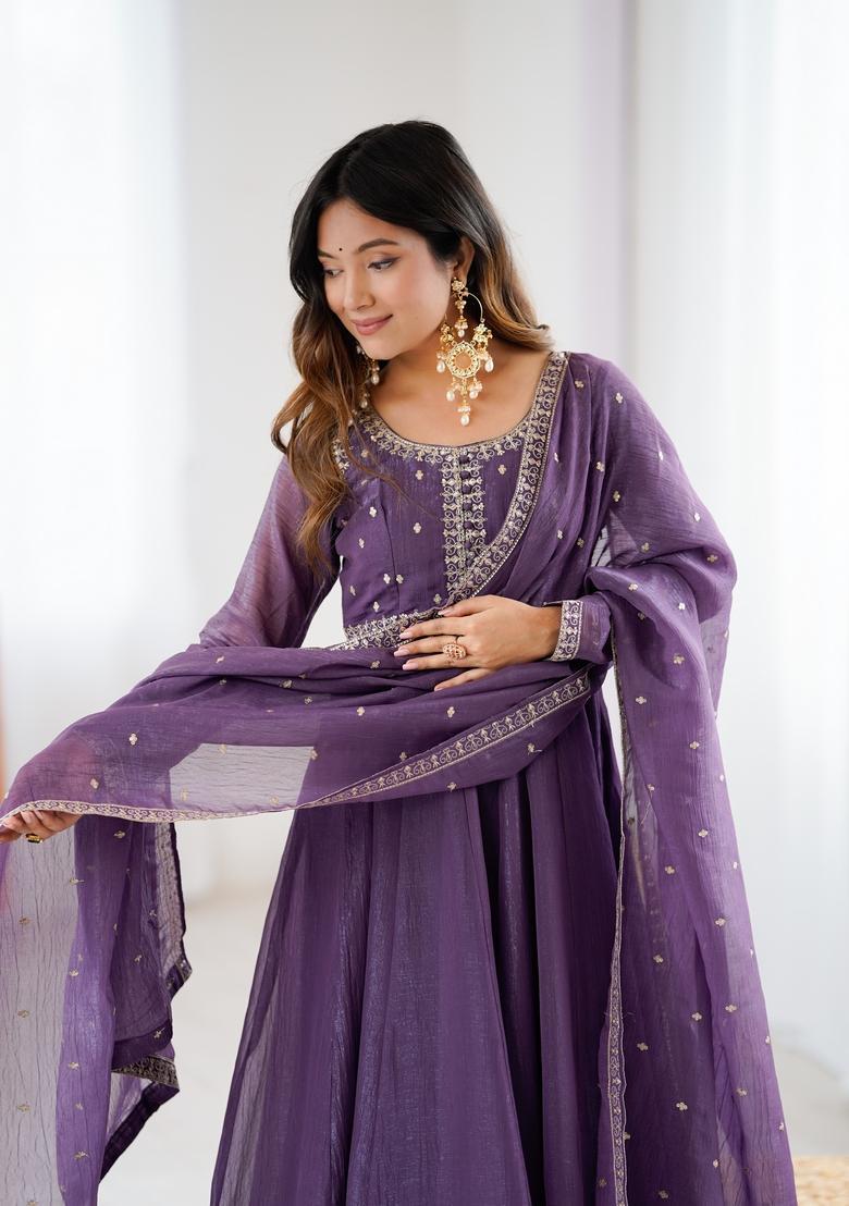 Purple Embroidery Silk Anarkali Set - Indya