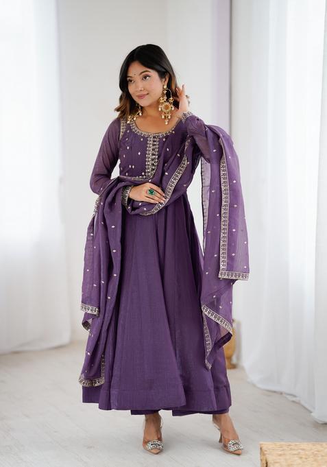 Purple Embroidery Silk Kurta Set