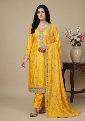 Yellow Sequins Silk Kurta Set