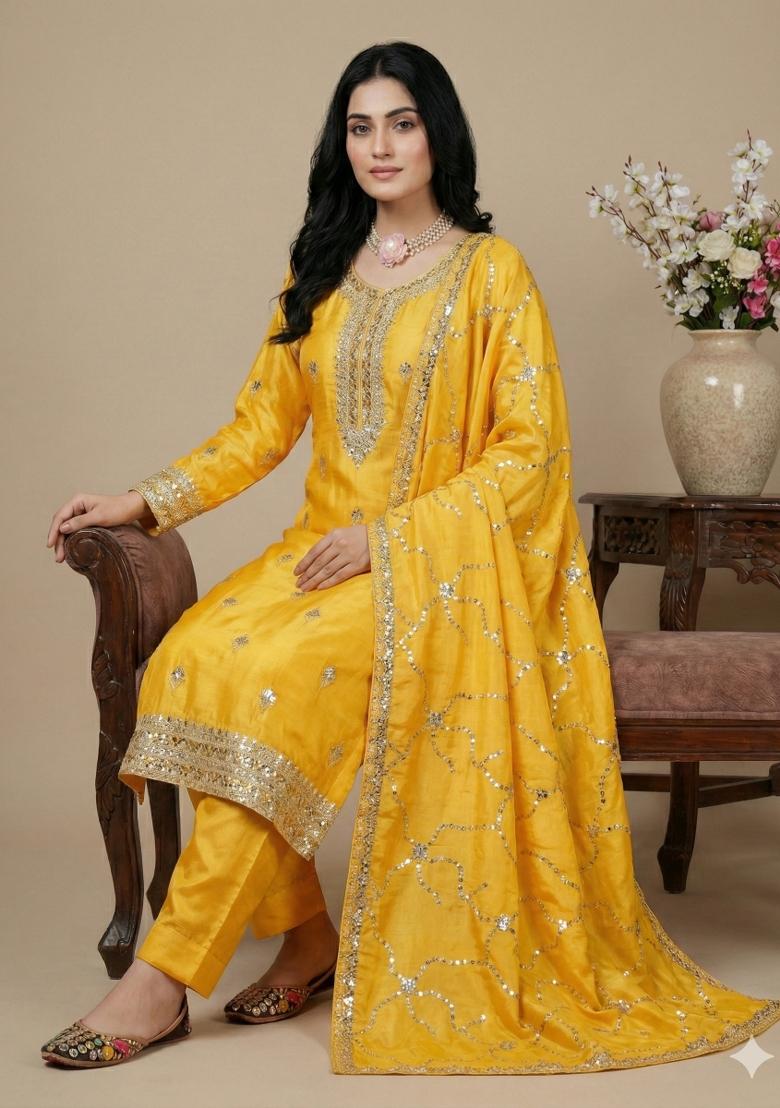 Yellow Sequins Silk Kurta Set - Indya
