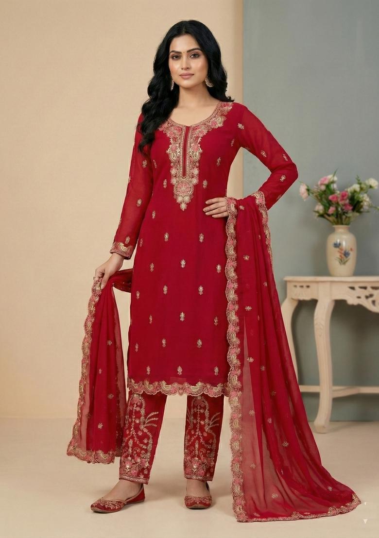 Red Thread Work Georgette Kurta Set - Indya