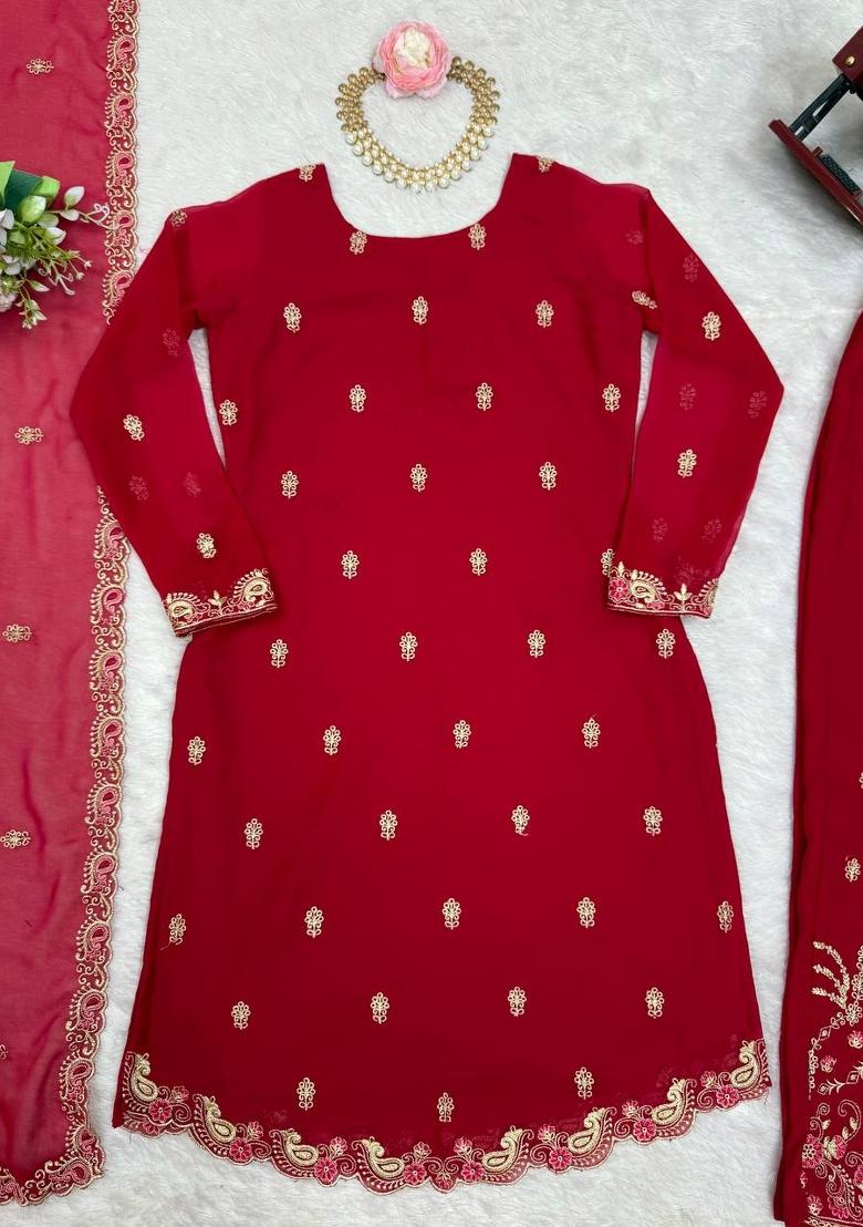 Red Thread Work Georgette Kurta Set - Indya