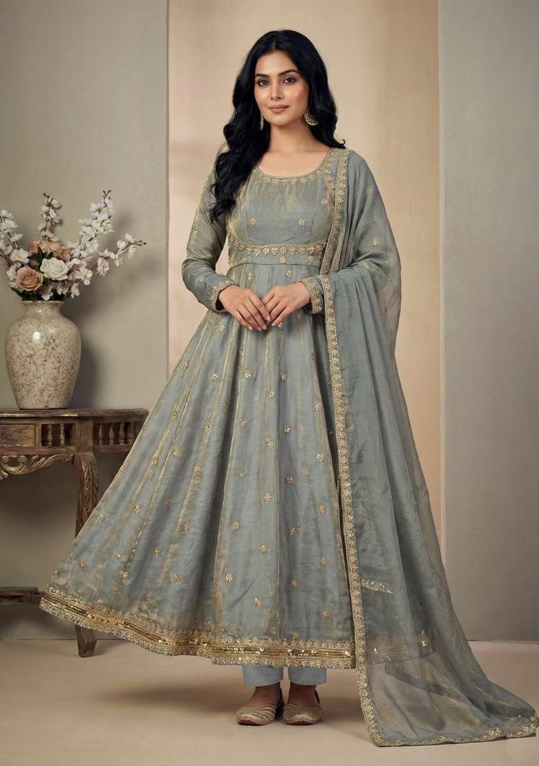 Grey Sequins Silk Kurta Set - Indya