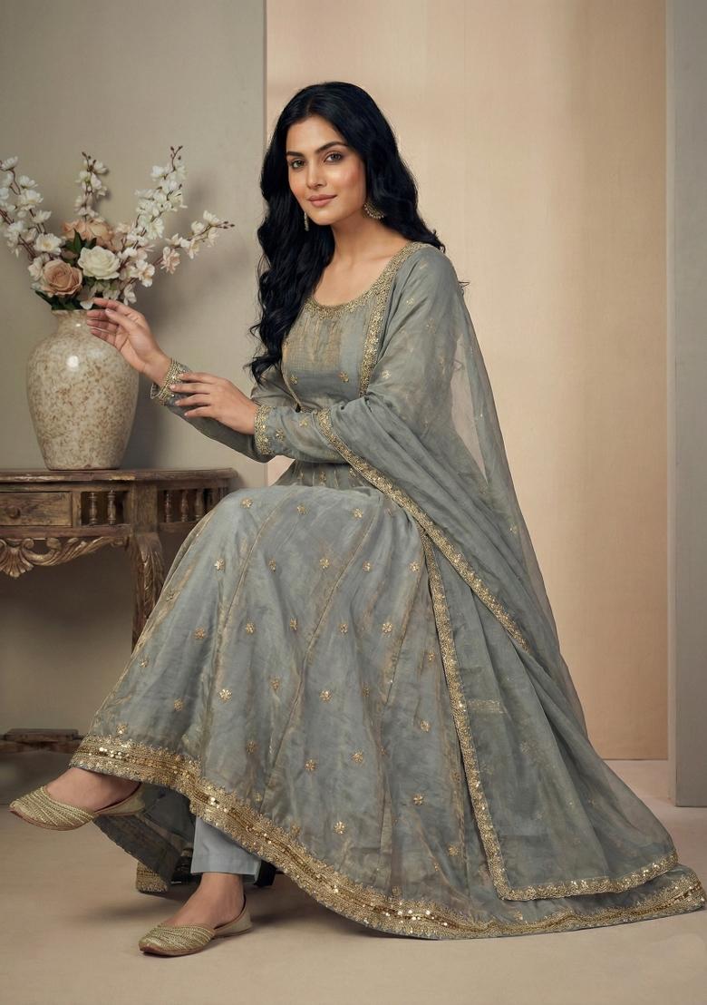 Grey Sequins Silk Kurta Set - Indya