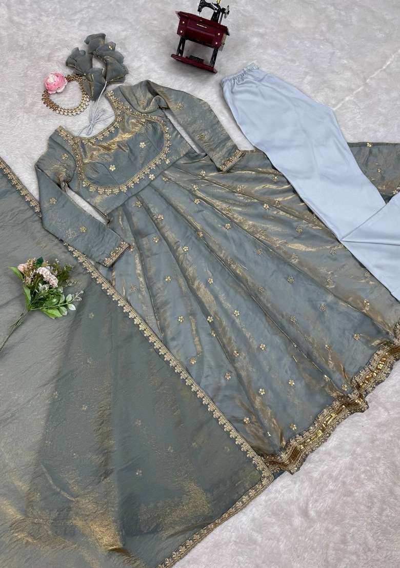 Grey Sequins Silk Kurta Set - Indya