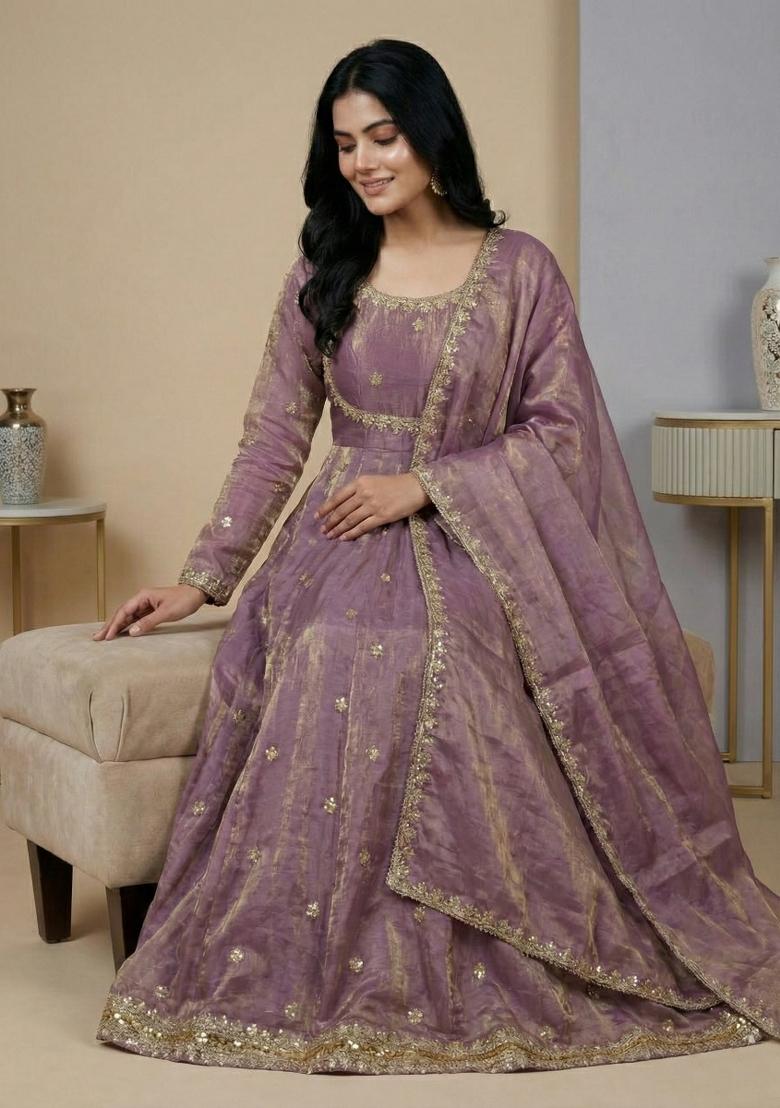 Lavender Sequins Silk Kurta Set - Indya