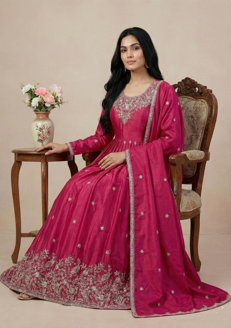 Pink Sequins Silk Kurta Set - Indya