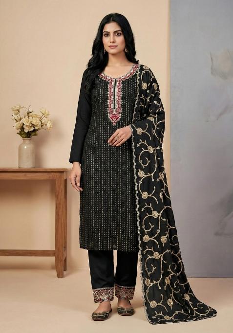 Black Sequins Silk Kurta Set