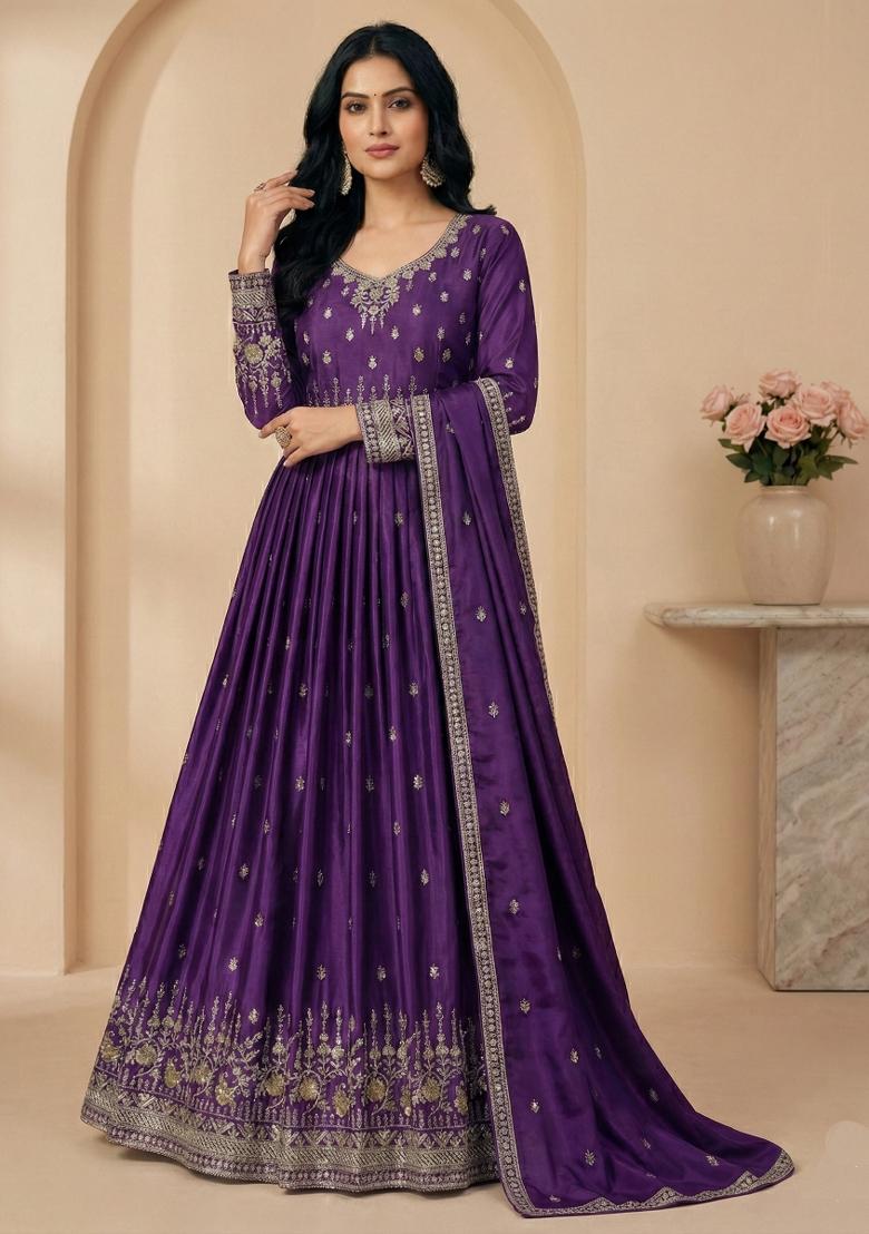 Purple Sequins Silk Kurta Set - Indya