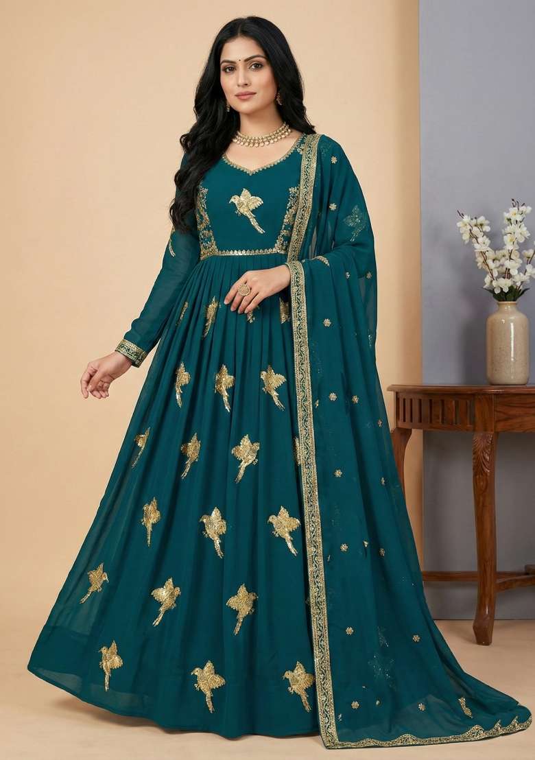 Teal Sequins Georgette Kurta Set - Indya