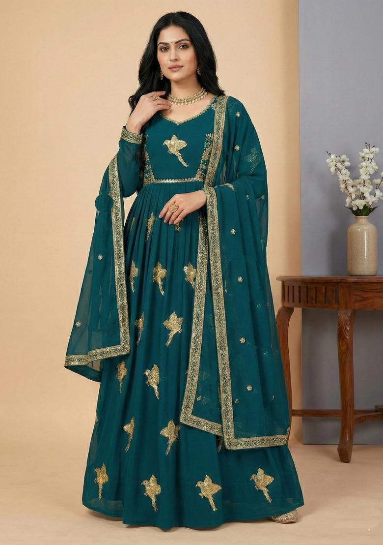 Teal Sequins Georgette Kurta Set - Indya