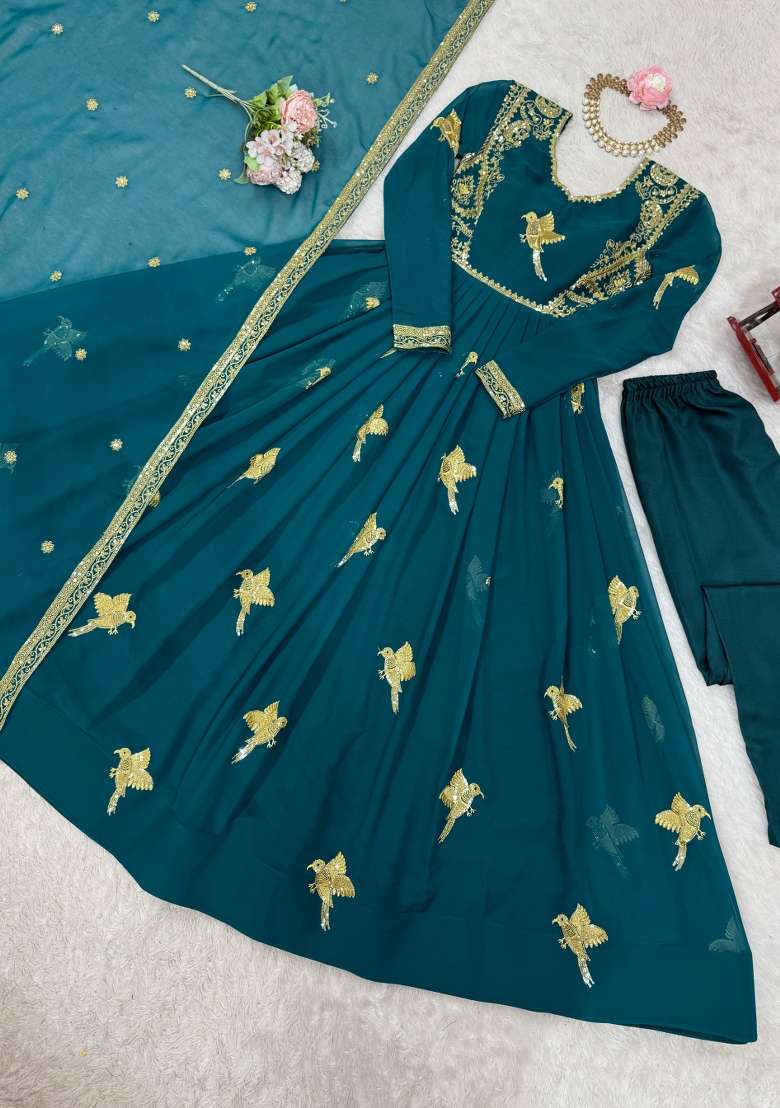 Teal Sequins Georgette Kurta Set - Indya