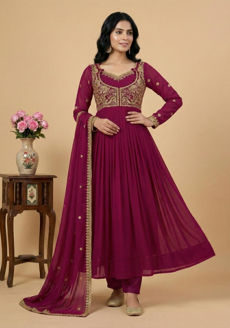 Pink Embroidery Georgette Kurta Set - Indya