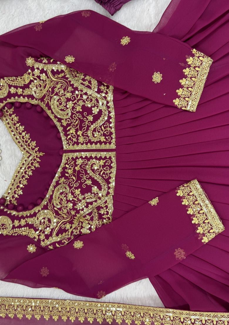 Pink Embroidery Georgette Kurta Set - Indya