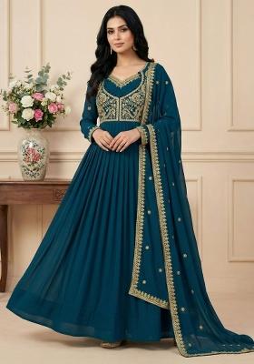 Teal Embroidery Georgette Kurta Set