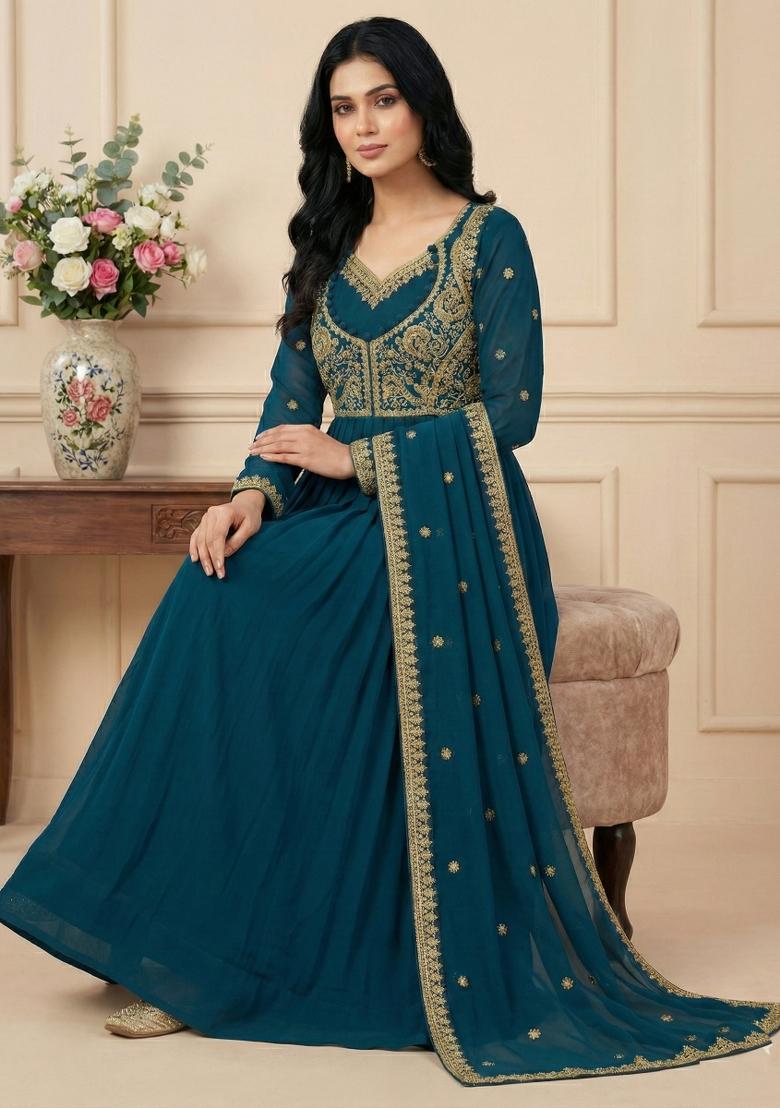 Teal Embroidery Georgette Kurta Set - Indya
