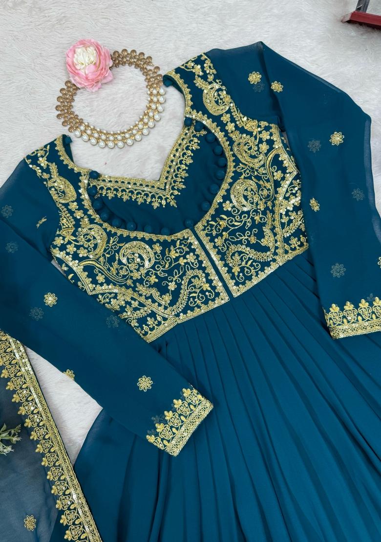 Teal Embroidery Georgette Kurta Set - Indya