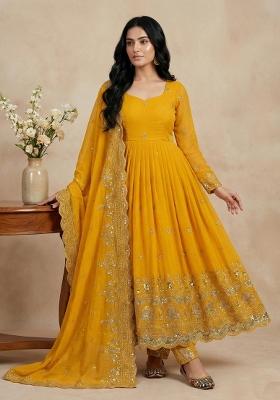 Yellow Embroidery Silk Kurta Set