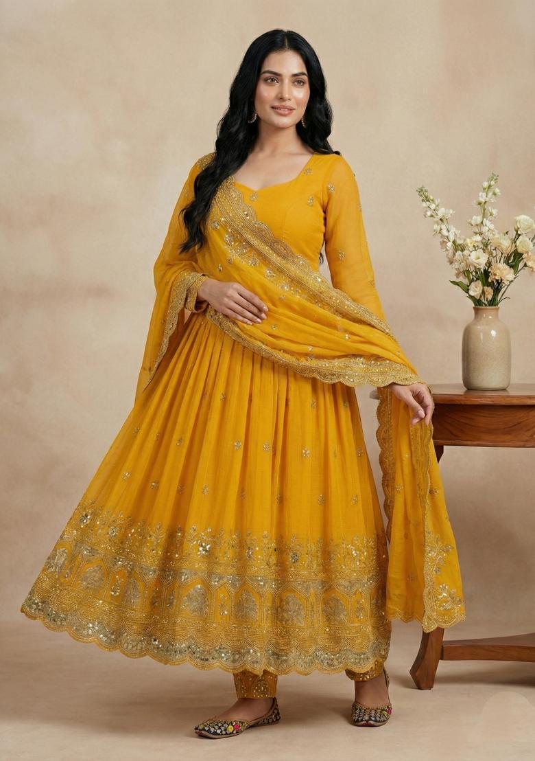 Yellow Embroidery Silk Kurta Set - Indya