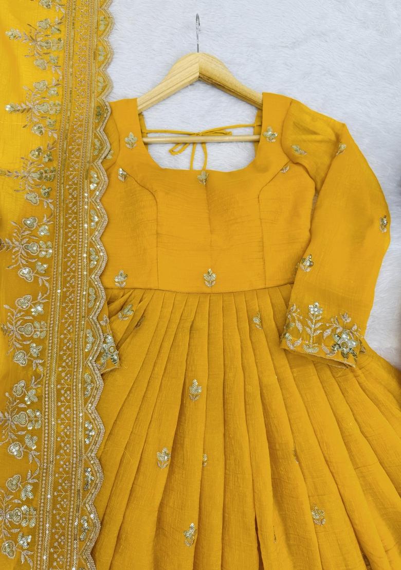 Yellow Embroidery Silk Kurta Set - Indya
