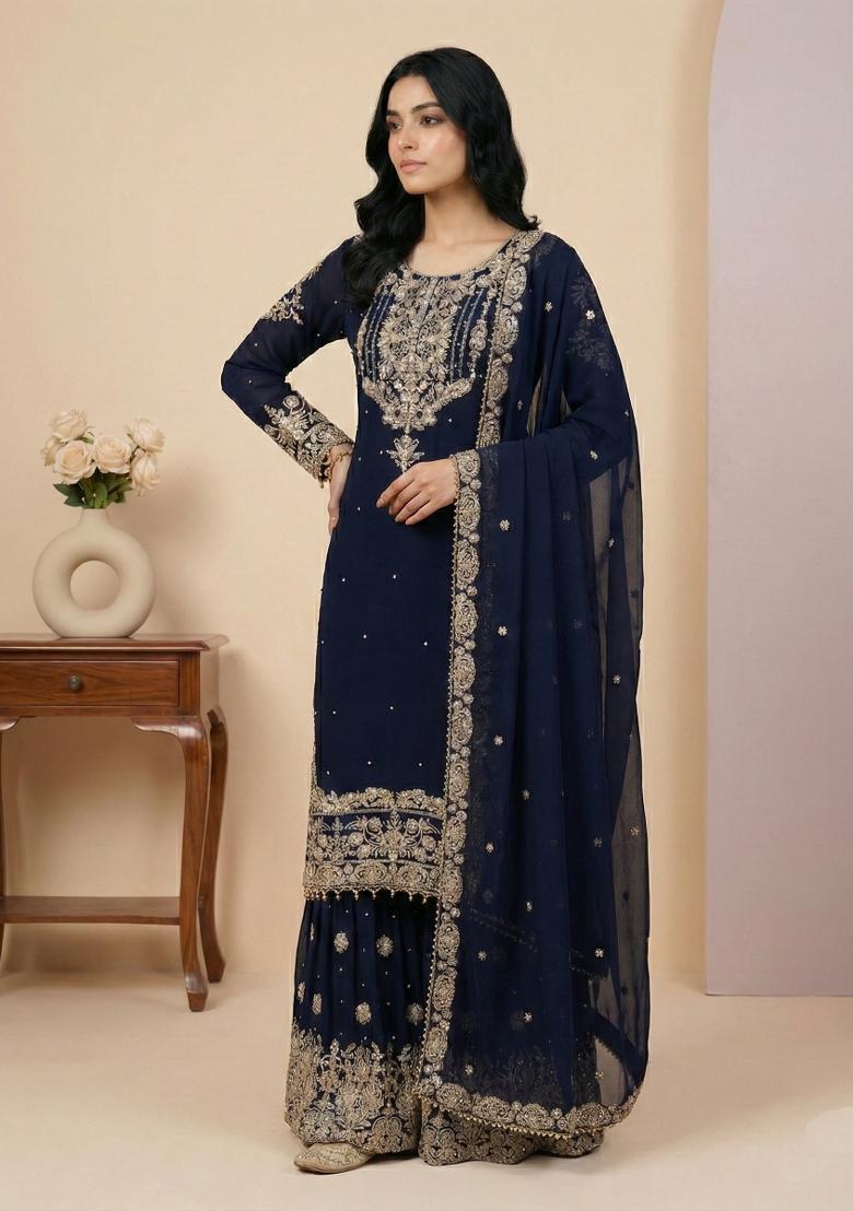 Navy Blue Embroidery Georgette Kurta Set - Indya