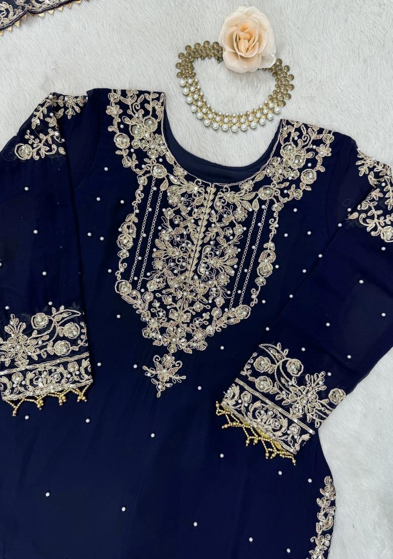 Navy Blue Embroidery Georgette Kurta Set - Indya