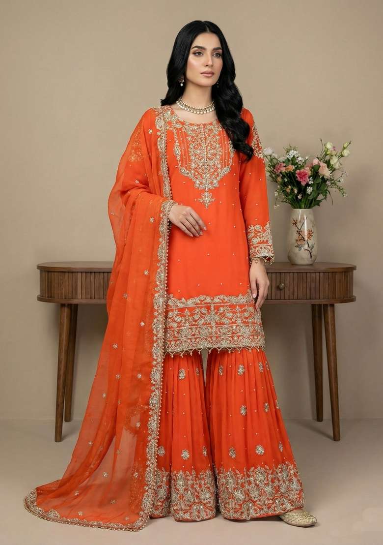 Orange Embroidery Georgette Kurta Set - Indya