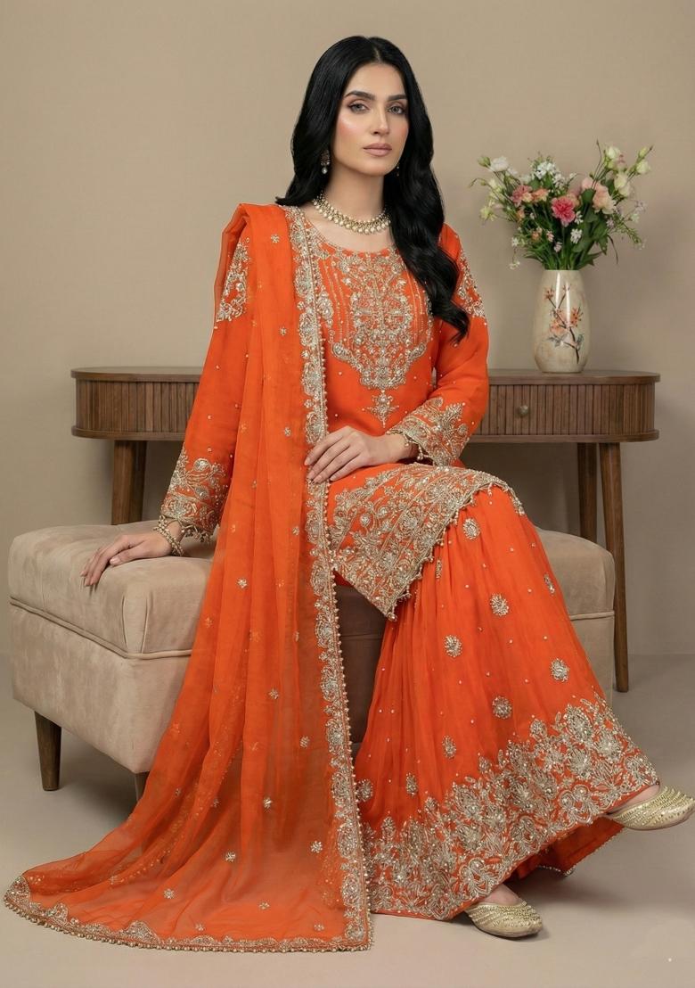 Orange Embroidery Georgette Kurta Set - Indya