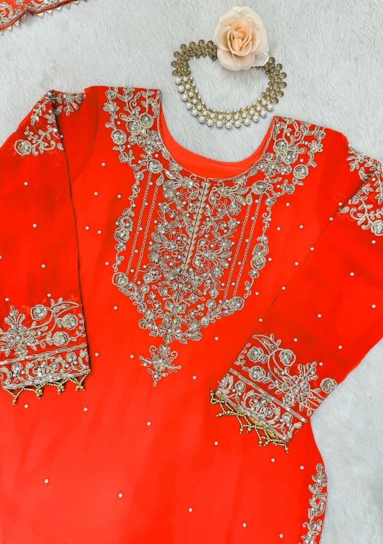 Orange Embroidery Georgette Kurta Set - Indya