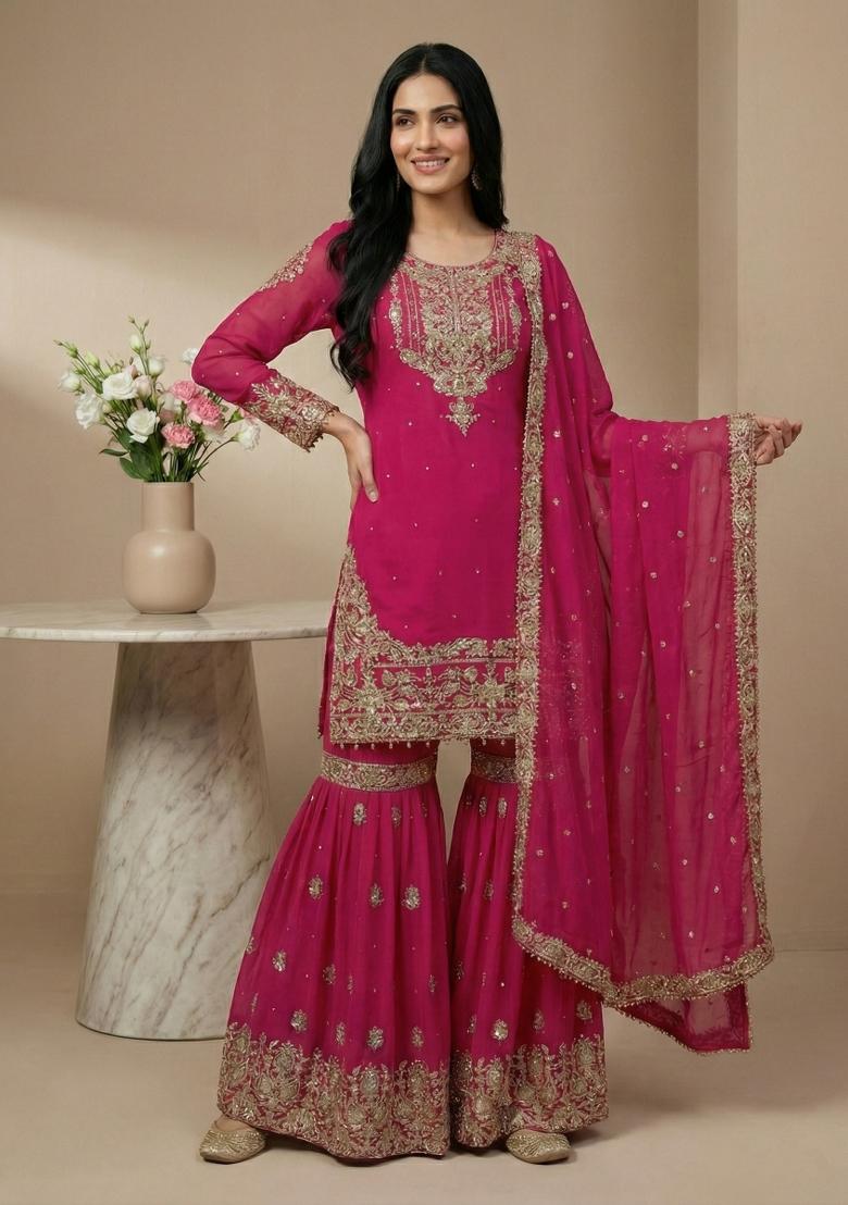 Pink Embroidery Georgette Kurta Set - Indya