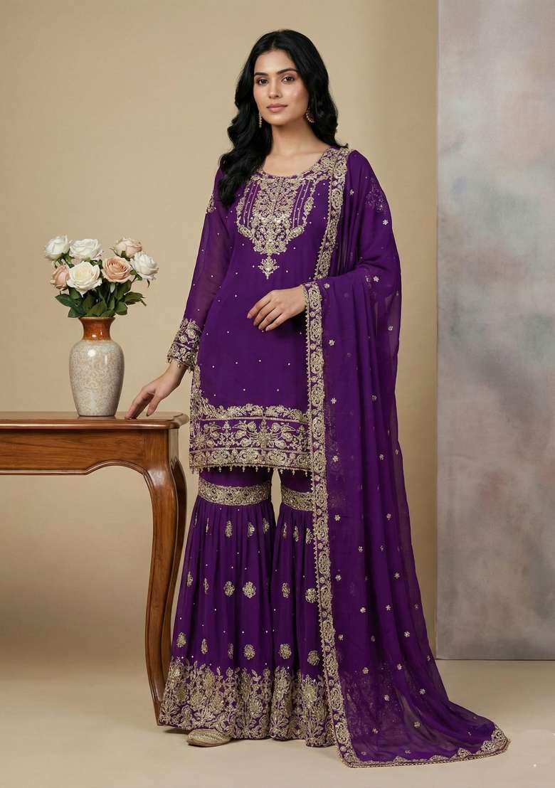 Purple Embroidery Georgette Kurta Set - Indya