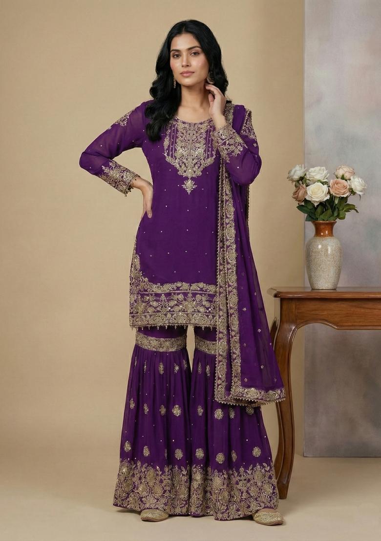 Purple Embroidery Georgette Kurta Set - Indya
