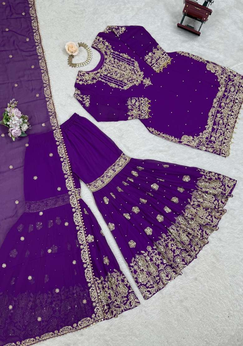 Purple Embroidery Georgette Kurta Set - Indya