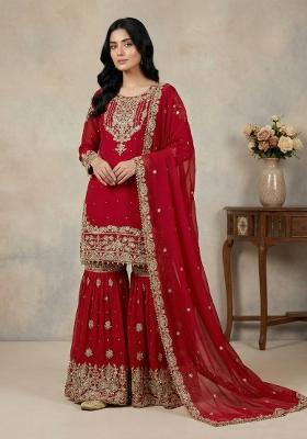 Red Embroidery Georgette Kurta Set