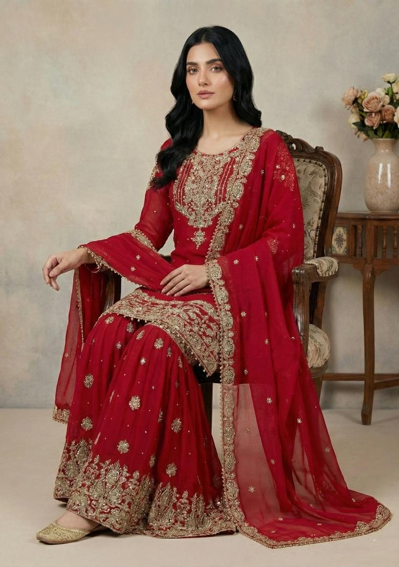 Red Embroidery Georgette Kurta Set - Indya